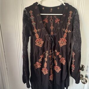 Free People Embroidered Black Lace-Up Women's Top